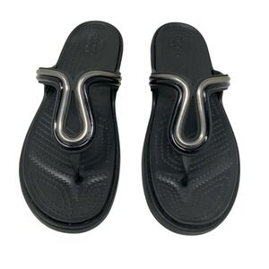 Crocs Womens Sanrah Block Flip Flop Sandals Size‎ 11 Casual Beach Black Silver